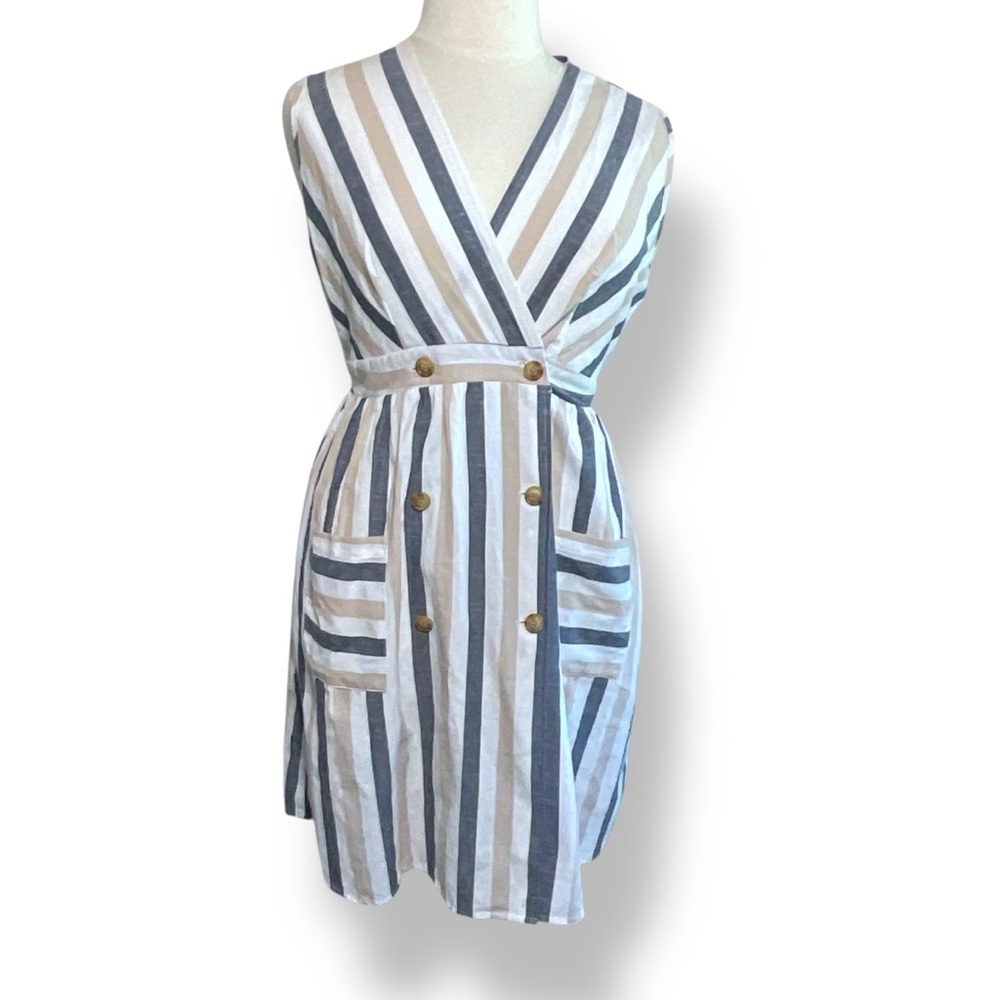 Suzy Shier Dress Blue Beige White Striped Cotton Wrap Nautical Midi Size XL